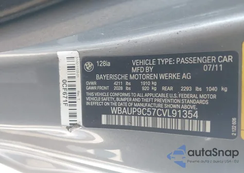 2012 BMW 128I z USA, uszkodzony, nr VIN WBAUP9C57CVL91354